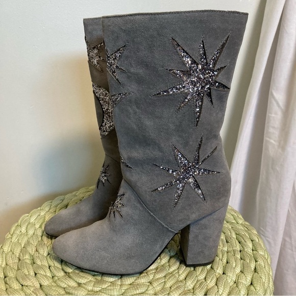 Avec Les Filles Nikita Gray Suede Glitter Star Moon Celestial Mid Calf Boots - Picture 5 of 13